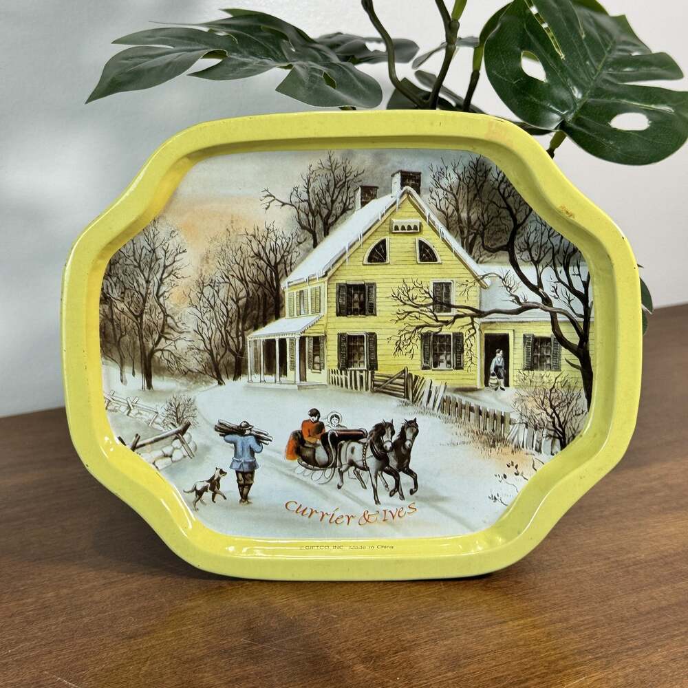 Vintage Currier & Ives Winter Sleigh Scene Yellow Metal Tray CURTISCO INC.
